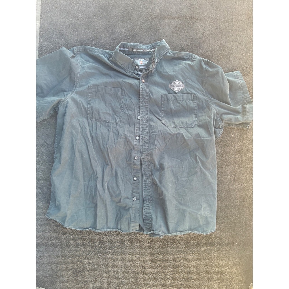 Harley-Davidson Mens Short Sleeve Button Down Work Shirt Black 4XL Logo Patch